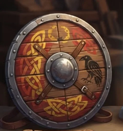 Painted round shield bearing a raven sigil