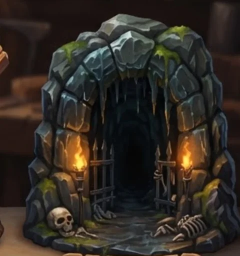 Moss-covered cave entrance lit by torches